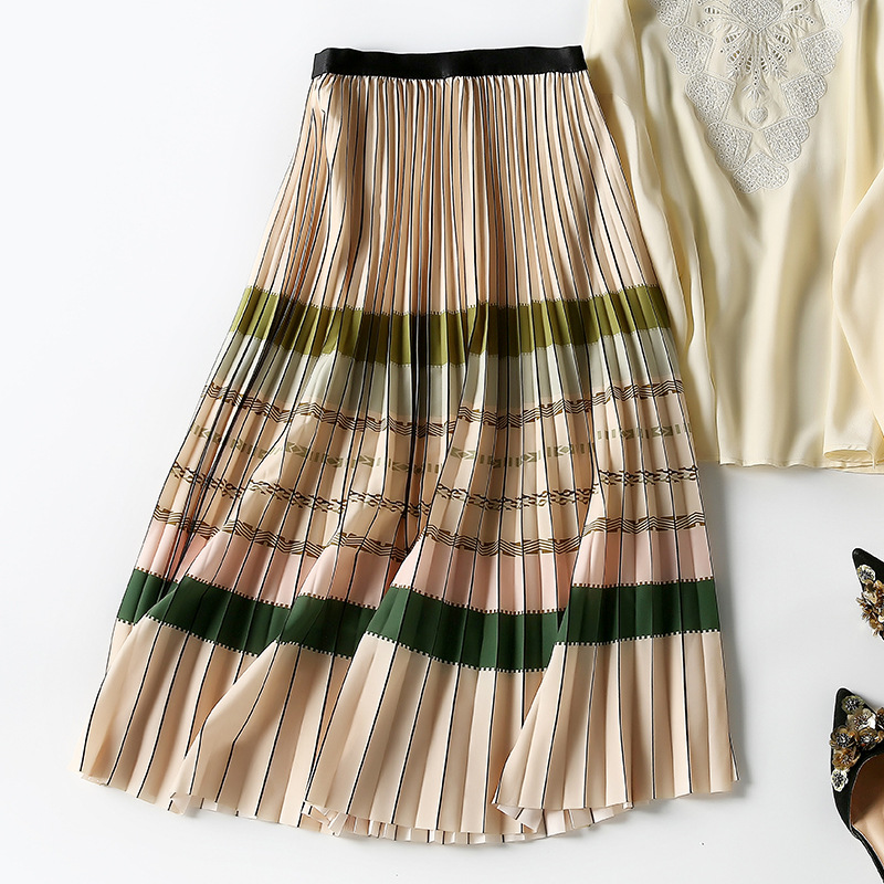 2021春夏百褶裙半身中长款拼接包臀定位花纹长裙高腰肤色半身裙|ms