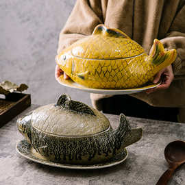 支持批发创意窑变釉餐具陶瓷鲤鱼戈特色酒店家用造型日式陶瓷煲