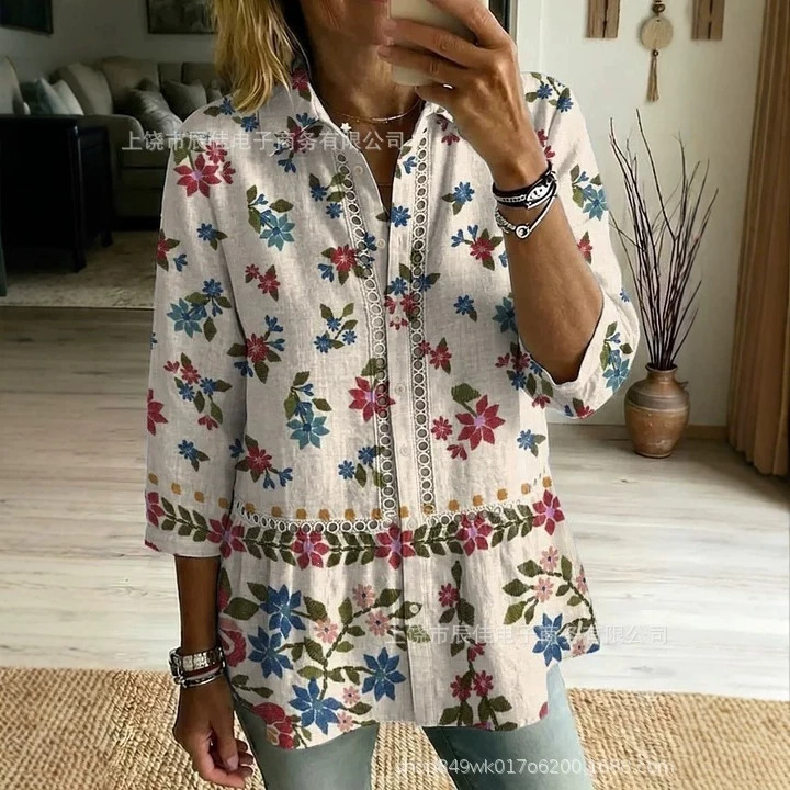 Amazon 2026 European and American Floral Print Shirt Cross-Border New V-Neck Women's Lace Patchwork Top H482