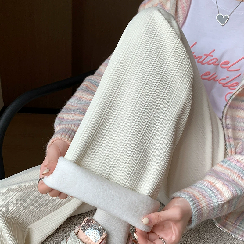 H389 Узкие женские широкие брюки на флисовой подкладке в вертикальную полоску, новые свободные утягивающие повседневные брюки прямого кроя с высокой талией на осень и зиму.