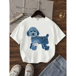 W 24362 Dog Print Loose Short Sleeve T-shirt ���ﹷӡ������