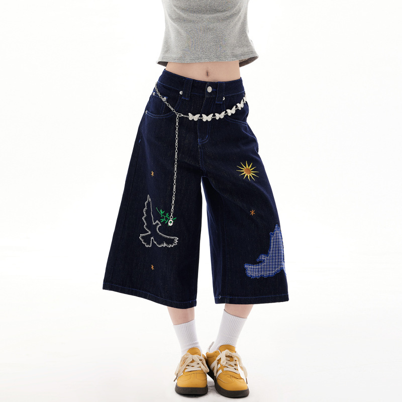 楽しい刺繍デザインのジーンズ、クロップドパンツ、男性と女性のアメリカンレトロトレンディなハイストリートルーズカジュアルワイドレッグショーツ|undefined