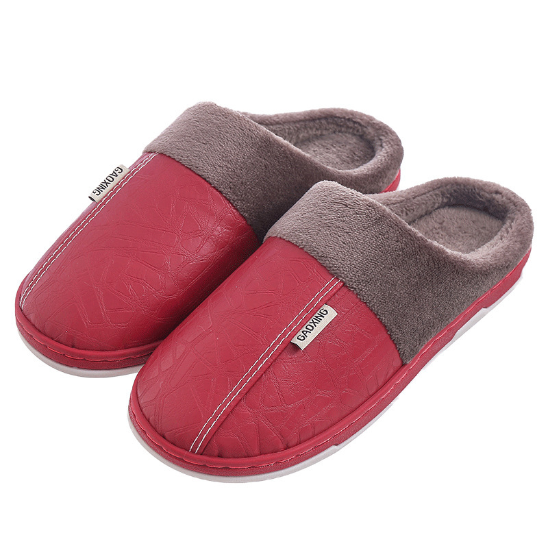 Pu lint slippers men's household waterproof thick bottom warm indoor lovers' winter household wool slippers women's autumn and winter