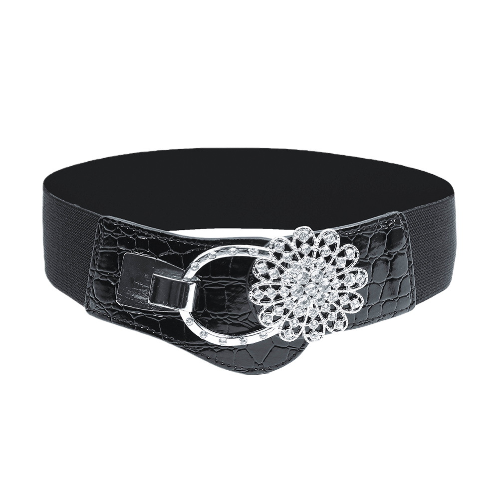 Cintura larga elastica nera alla moda da donna con decorazioni di diamanti, vestito, cappotto, chiusura in vita, strass, ragazza alla moda e paffuta_voghion.com
