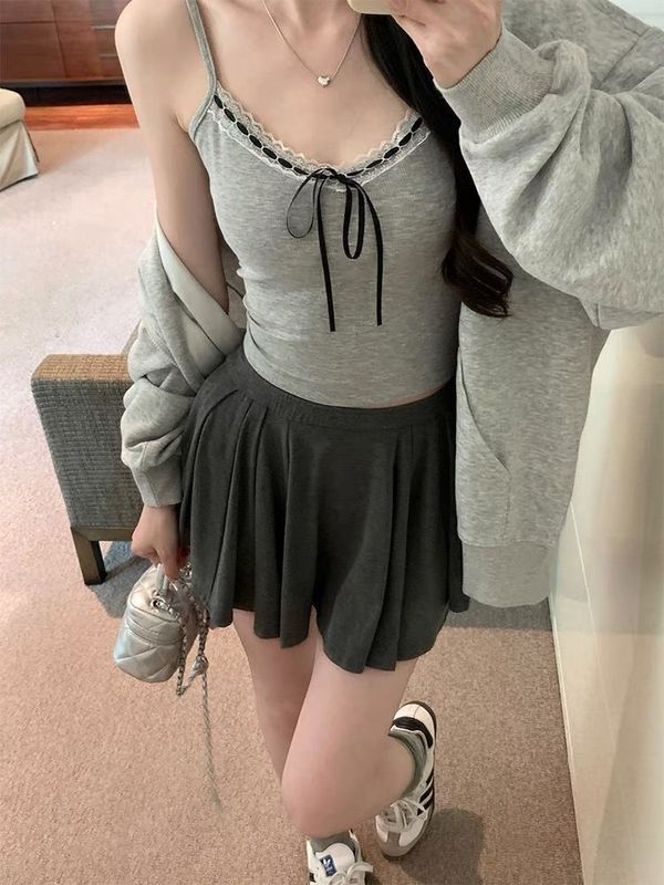蕾丝吊带背心女蝴蝶结纯欲甜辣妹新款白色内搭打底带胸垫外穿夏季|undefined