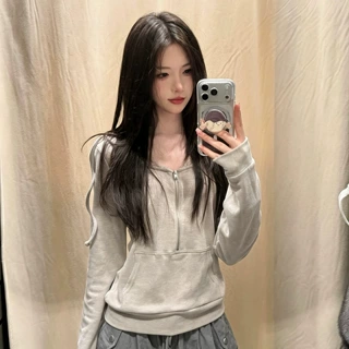 bm风连帽假两件拉链连帽卫衣女秋季新款蕾丝拼接修身长袖t恤上衣