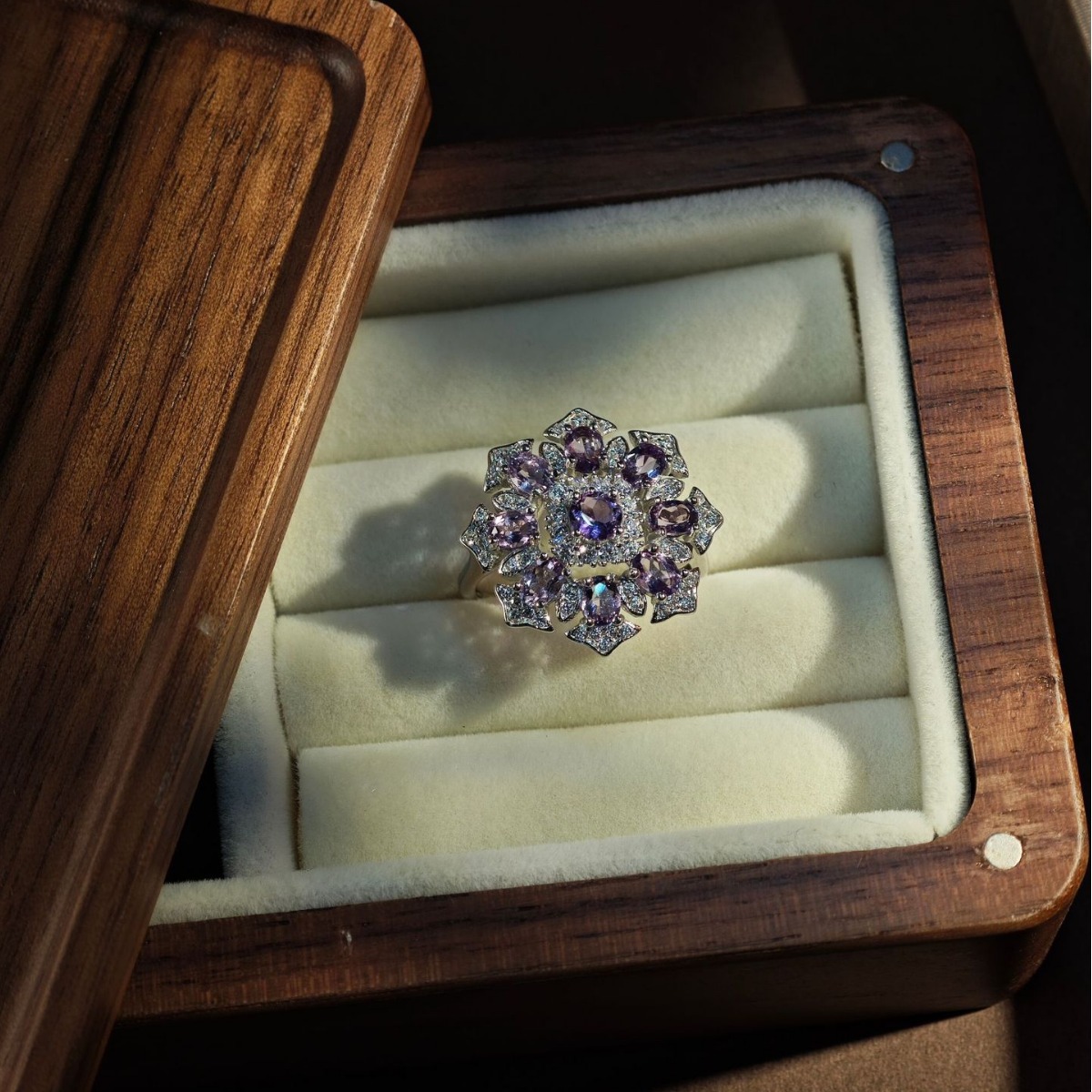 S925纯银镶天然紫水晶戒指活口戒指时尚爆款外贸直播批发