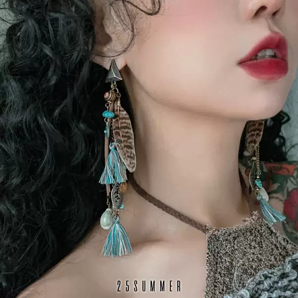 Wandering Style Feather Tassel Earrings Retro Ethnic Style Ear Clip Earrings for Women