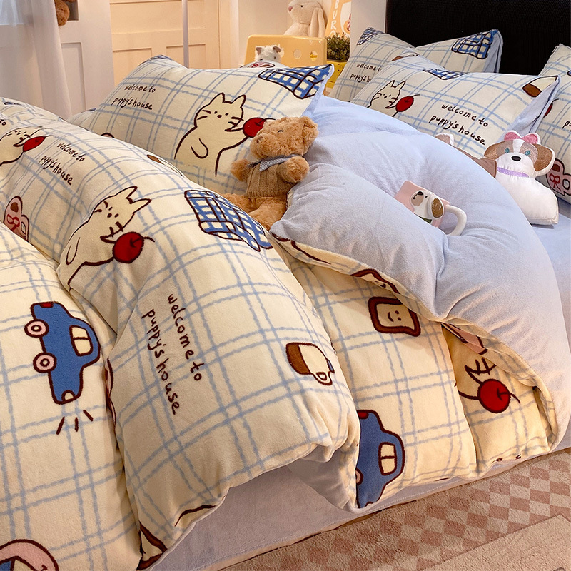 Cama de terciopelo de leche de cuatro piezas conjunto de 2025 coral terciopelo de coral sábanas calentadoras gruesas cubierta de edredón de cama de tres piezas conjunto de ropa de cama