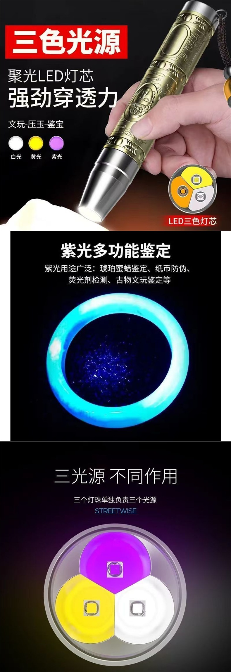 Special jade flashlight with strong light for jade identification, money detector, jewelry UV light, professional ultraviolet, rechargeable