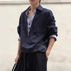 藏青色假两件V领衬衫男女秋季新款宽松衬衣cleanfit美式情侣外套