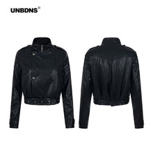UNBDNS油蜡感黑色修身短款皮衣外套女秋冬立领设计感皮带机车夹克