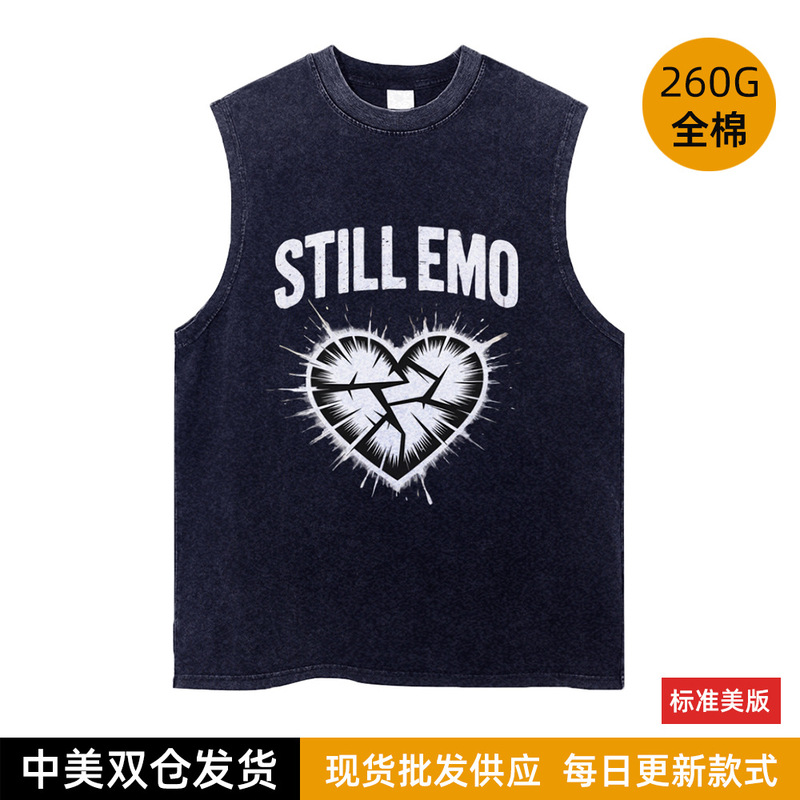 Cross-Border Emo Rock Still Emo Illustration Sleeveless Summer New Retro Distressed Cotton Vest