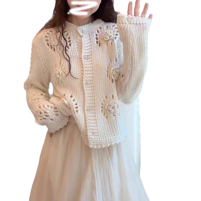 法式立体花朵镂空毛衣女秋冬慵懒高级感宽松长袖针织开衫外套上衣|undefined