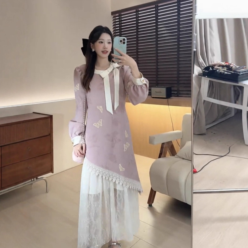 DD【月光缪斯】假两件连衣裙2025秋季新款长款粉色千金淑女温婉潮|undefined