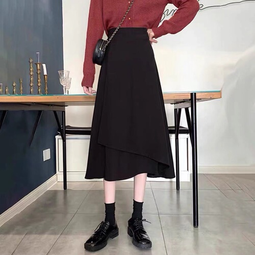 Black Casual Plus Size A-line Semi-skirt Women's Spring Skirt Umbrella High-waist Women's Irregular Autumn Fat mm