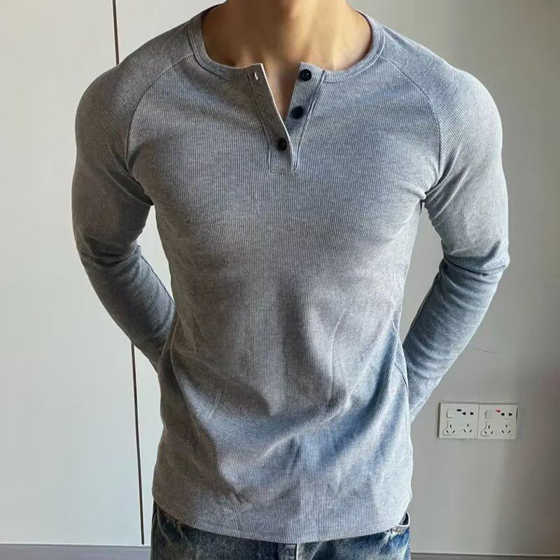 American-Style Fitness Sports Henley Shirt for Men, Autumn and Winter Elastic Cleanfit Tough Guy Muscle Slim-Fit Long-Sleeve T-Shirt Inner Layer