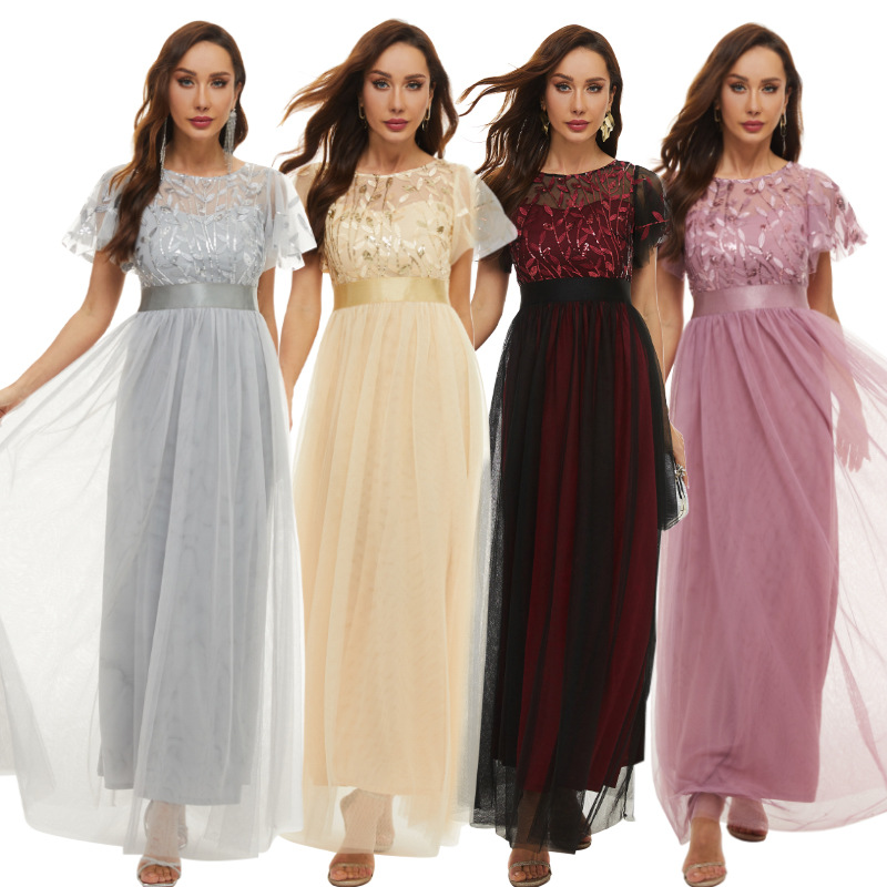 Vestido de lentejuelas manga corta cuello redondo pettiskirt vestido de noche cintura alta elegante dama de honor brindis vestido banquete ropa 115