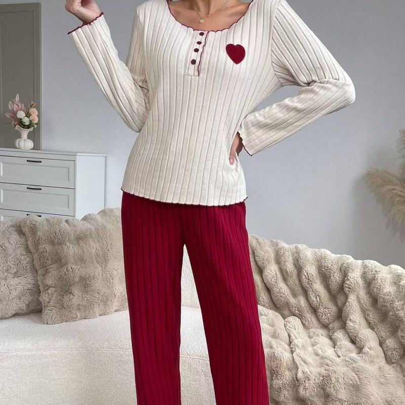 Cross-Border European and American Autumn and Winter Hot-Selling Pajamas with Velvet Texture, Ribbed Fleece, Heart Embroidery, Long Sleeves, Long Pants, Home Wear for Women Cross-Border European and American Autumn and Winter Hot-Selling Pajamas with Velvet Texture, Ribbed Fleece, Heart Embroidery, Long Sleeves, Long Pants, Home Wear for Women