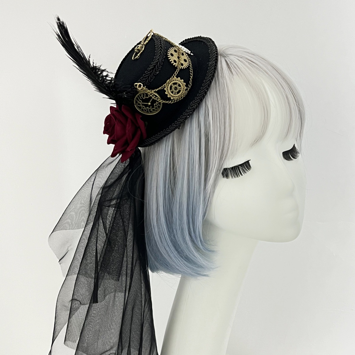 Steampunk gear gorra pluma de malla LLOLITA flores oscuras cos vestir sombrero de copa de Halloween image 7