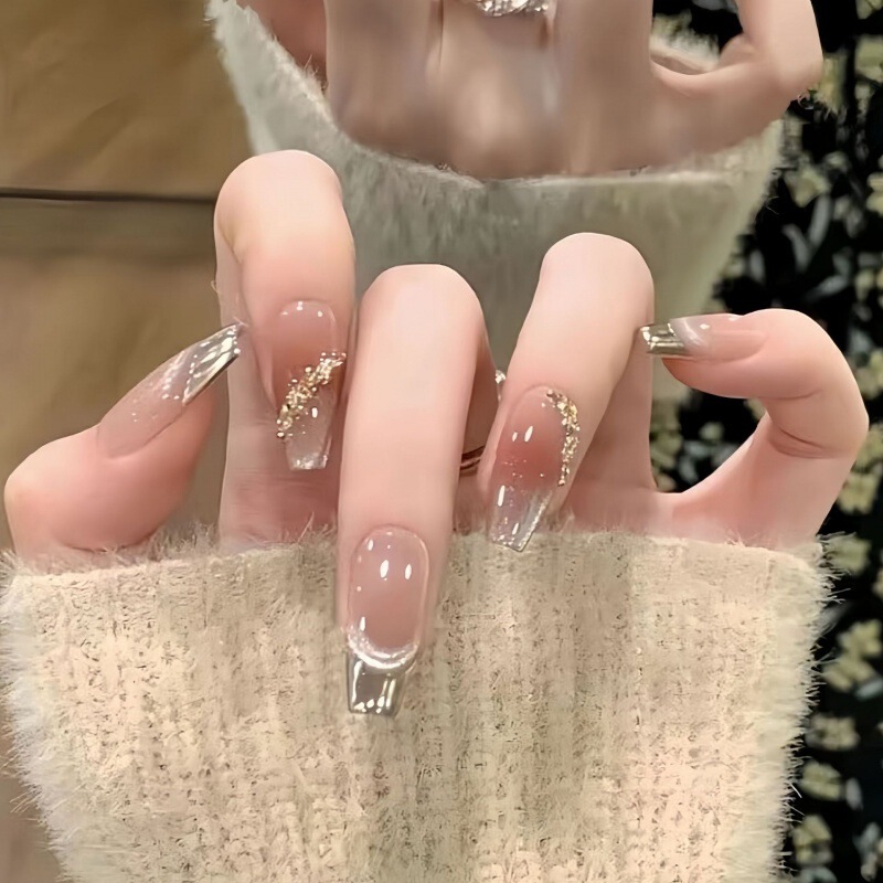Purely Handmade Wearable Nail Phototherapy Manicure Cat Eye Flash Gentle Festival Autumn Ice Transparent Hand-painted Maillard Fake Nails