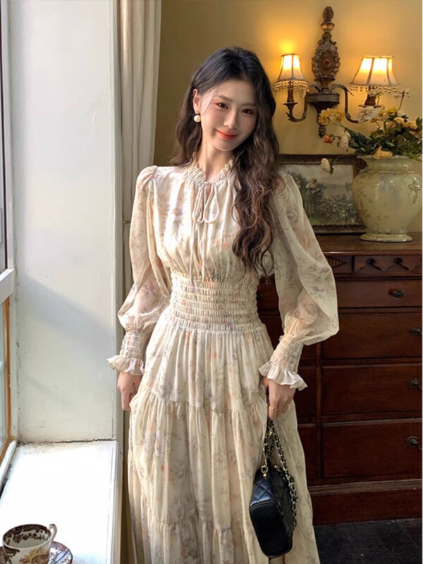 Tea Break French Floral Chiffon Dress Women's Long Early Autumn 2025 New Super Nice Waist Long Skirt Tea Break French Floral Chiffon Dress Women's Long Early Autumn 2025 New Super Nice Waist Long Skirt
