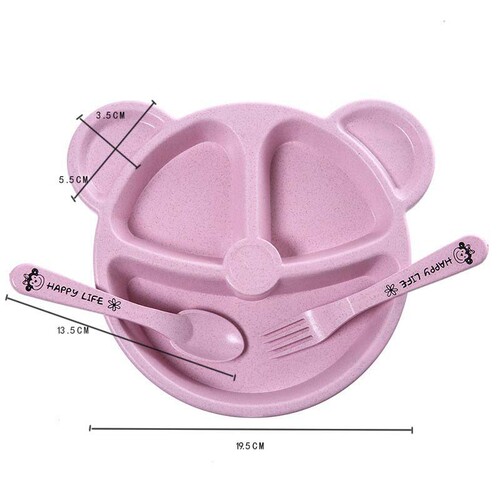 Wheat straw cartoon bear dinner plate set, children's divided tableware, cute dinner plate, fork and spoon three-piece set wholesale