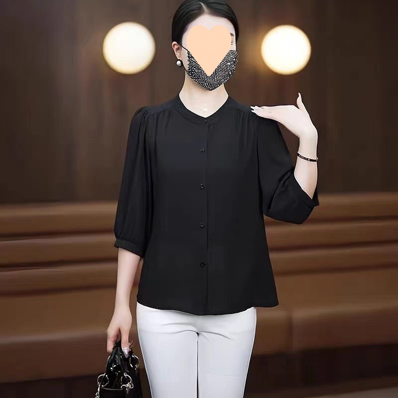 夏季新款妈妈装轻风纱衬衫女士显瘦减龄中袖上衣开衫时尚休闲衬衣|undefined