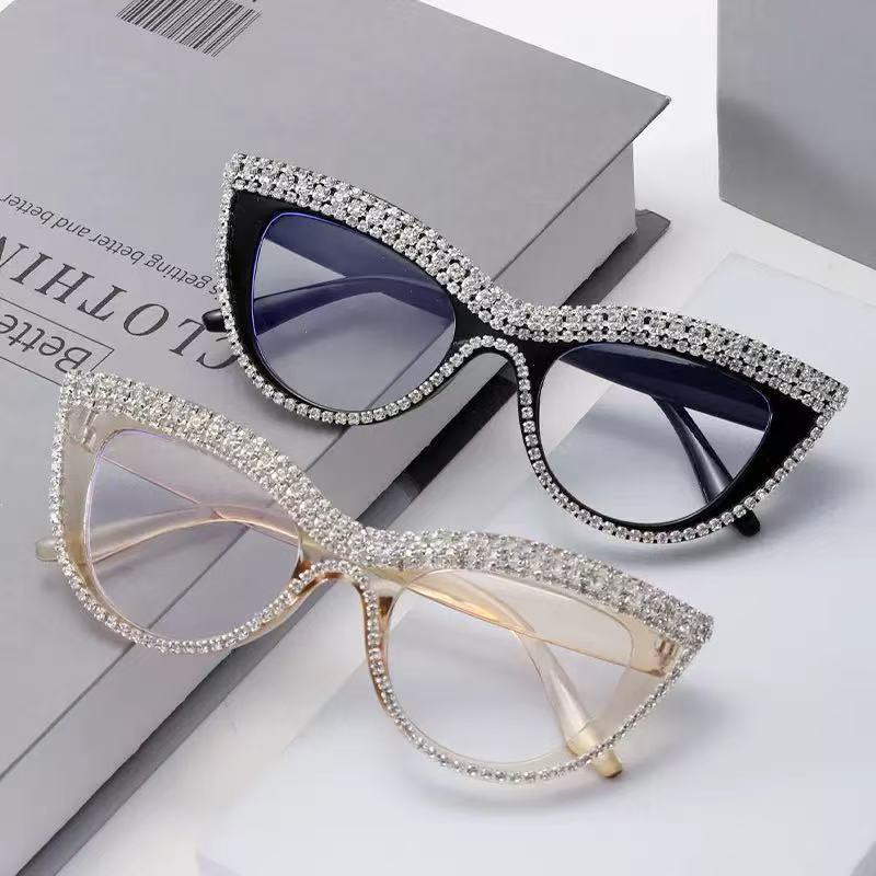 网红爆款猫眼镶钻平光镜防蓝光时尚潮款眼镜架个性摆拍凹造型眼镜