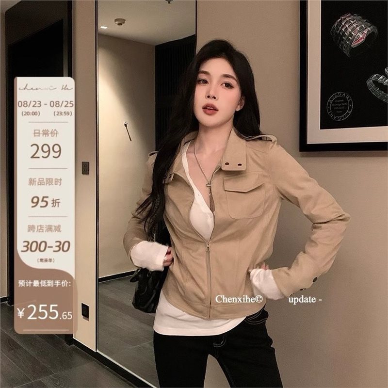 何晨曦 美式复古牛皮绒短款夹克外套女春秋韩版休闲百搭长袖上衣|undefined