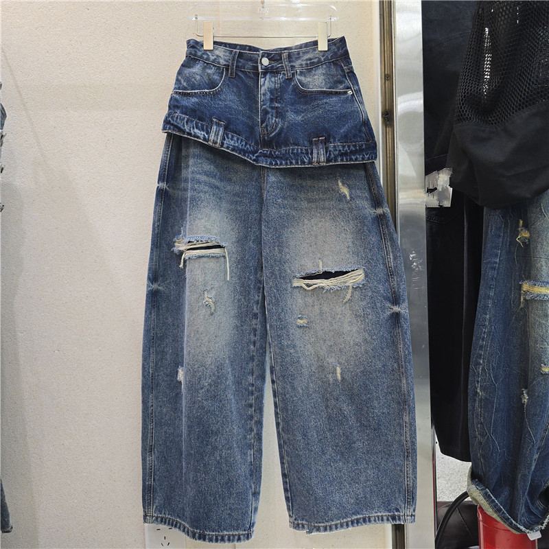 American-style faux two-piece ripped jeans for women, high-waisted, layered waist, loose fit, washed, wide-leg, straight-cut long pants