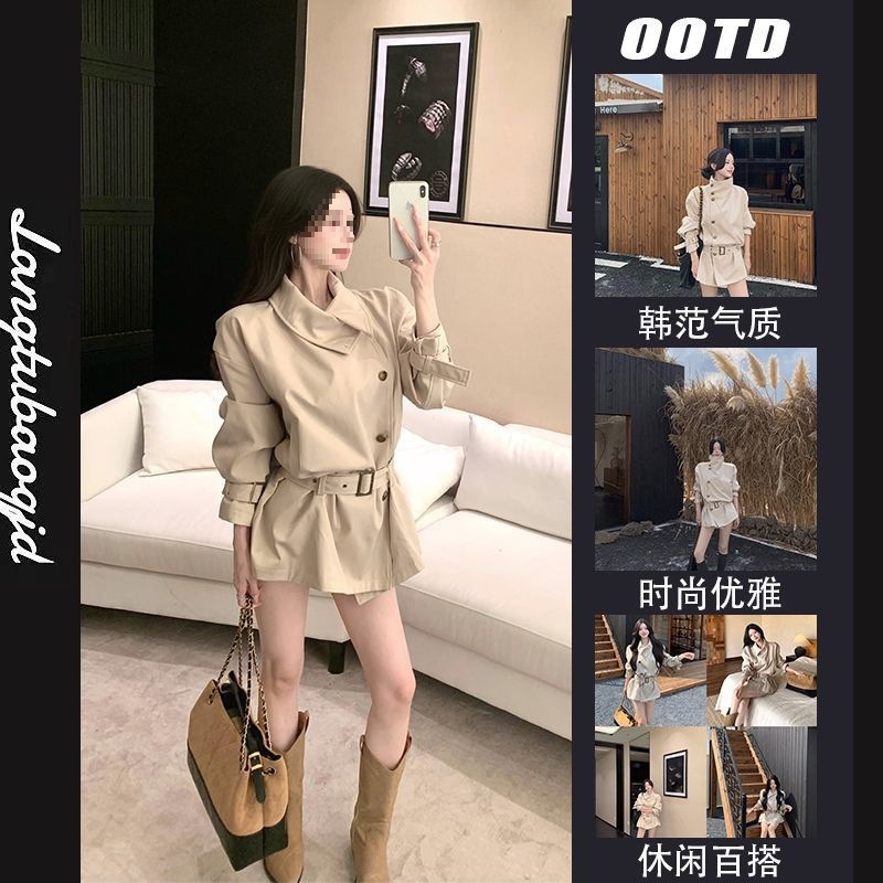 美式复古立领风衣外套女装秋季感显瘦收腰中长款气质开衫上衣