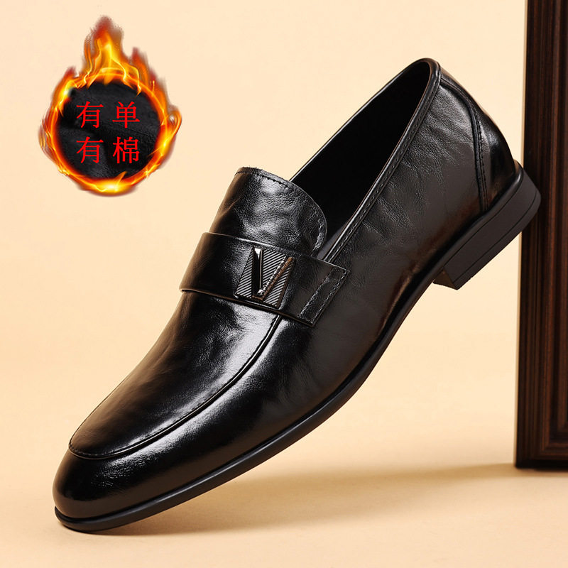 Giày lười nam da bò thật lớp đầu mũi tròn, đế mềm gót thấp 1–3 cm, thoáng khí chống trượt — Màu nâu, màu đen, Đen lót lông