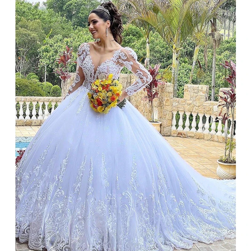 White Princess Ball Gown Wedding Dress 2026 Lace Appliques Long Sleeve Wedding Gown Plus Size Bridal Dress Robe
