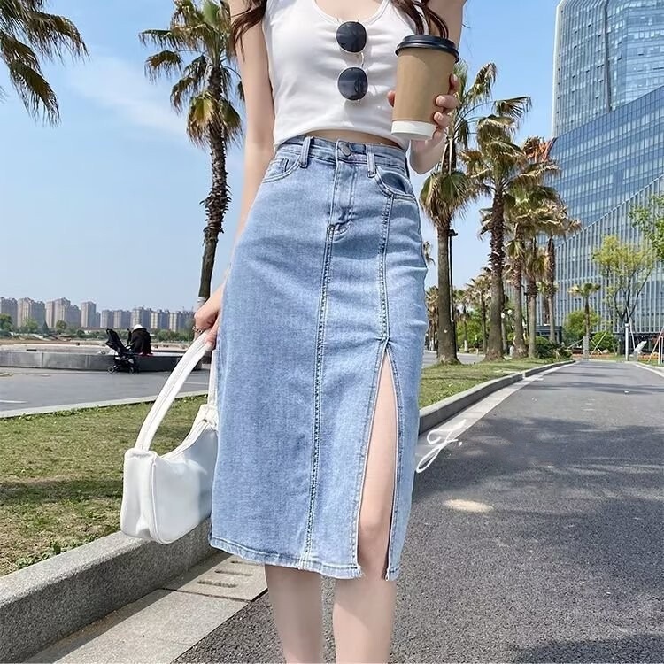 Small Side Split Denim Mid-length Skirt Women's Spring and Summer 2024 New High Waist Niche A- line Skirt