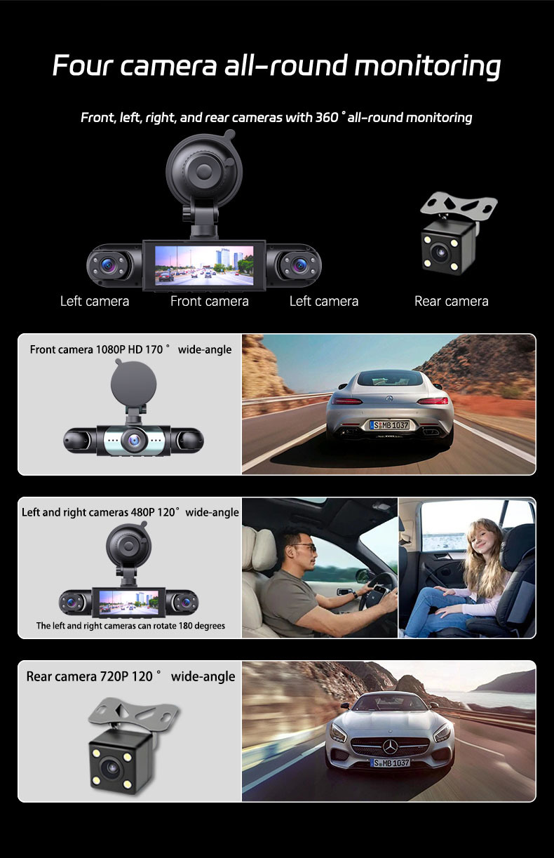 Y108 Cross-Border 4-Channel Four-Lens 3.16inch Popular Dash Cam Hd 1080P Infrared Night Vision Parking