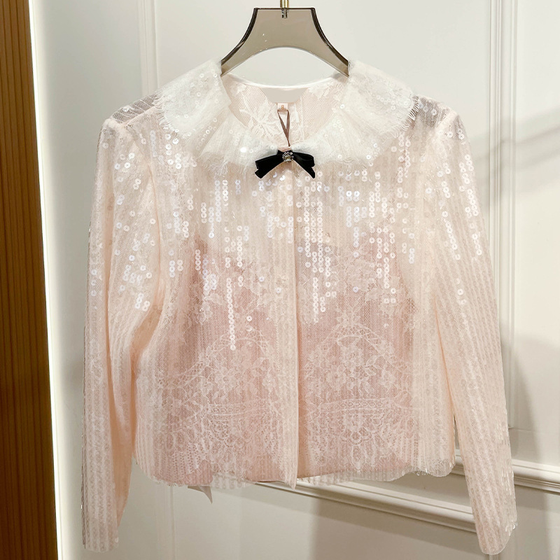 2025 New Autumn Heavy Industry Doll Collar Blue Light Pink Sequin Lace Bow Suspender Two-Piece Top for Women