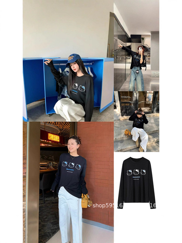 现货发！25新款猫咪印花蝴蝶结带钻长袖T恤上衣女|undefined