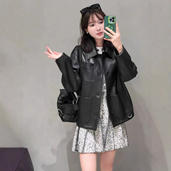 南油女装2025秋冬新款口袋压花羊皮夹克女通勤宽松落肩小个子外套