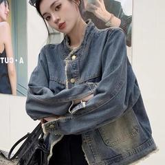 港风复古水洗毛边牛仔外套女秋季新款韩系高级感宽松显瘦上衣夹克