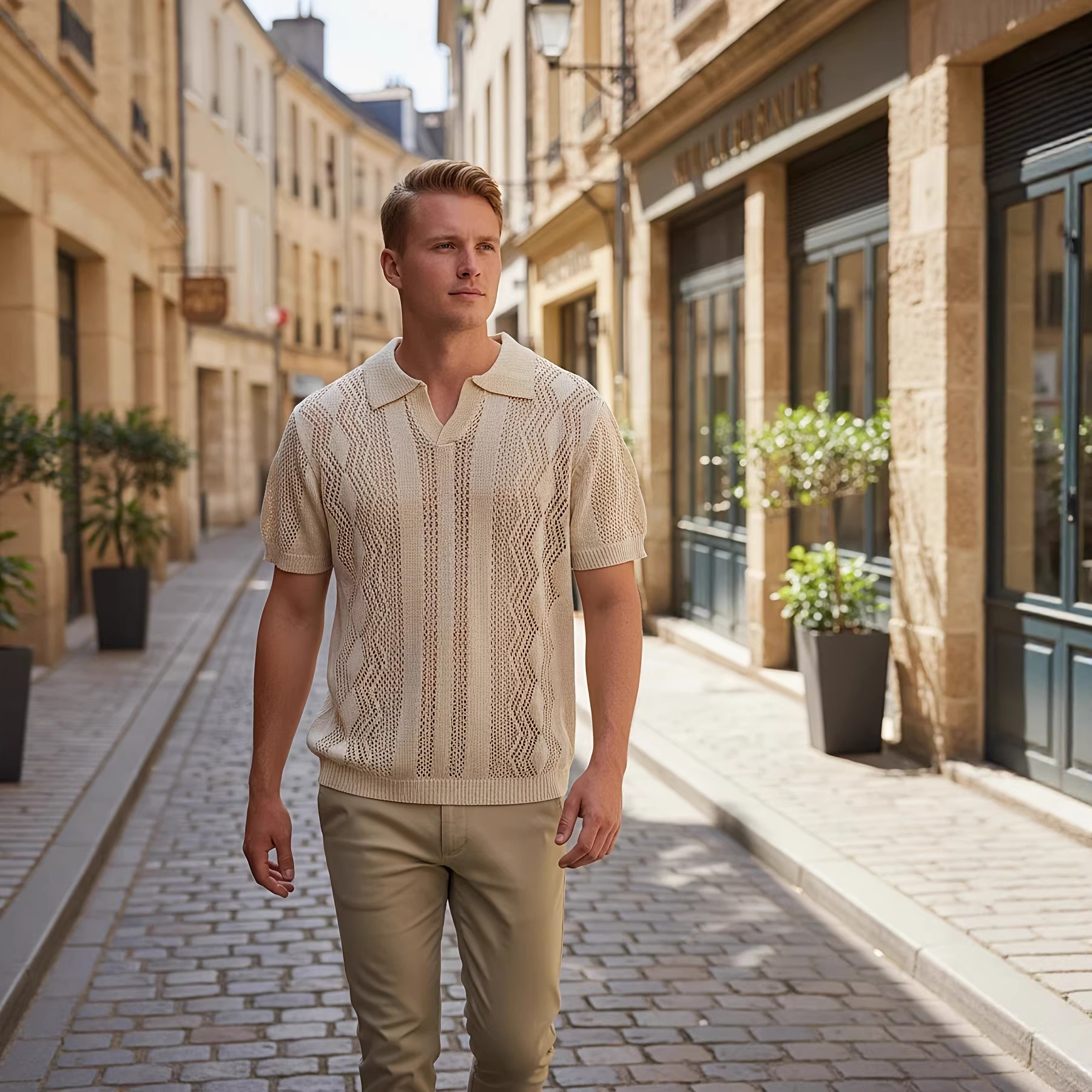 Men's Textured Openwork Knit Short Sleeved Shirt French Retro Collar V Neck Half Open Knit Sweater Exclusive_voghion.com