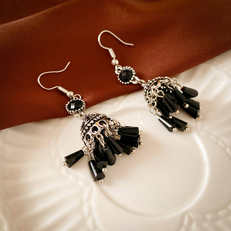 고대 실버-블랙-다이아몬드 크리스탈 술 랜턴 이어 후크