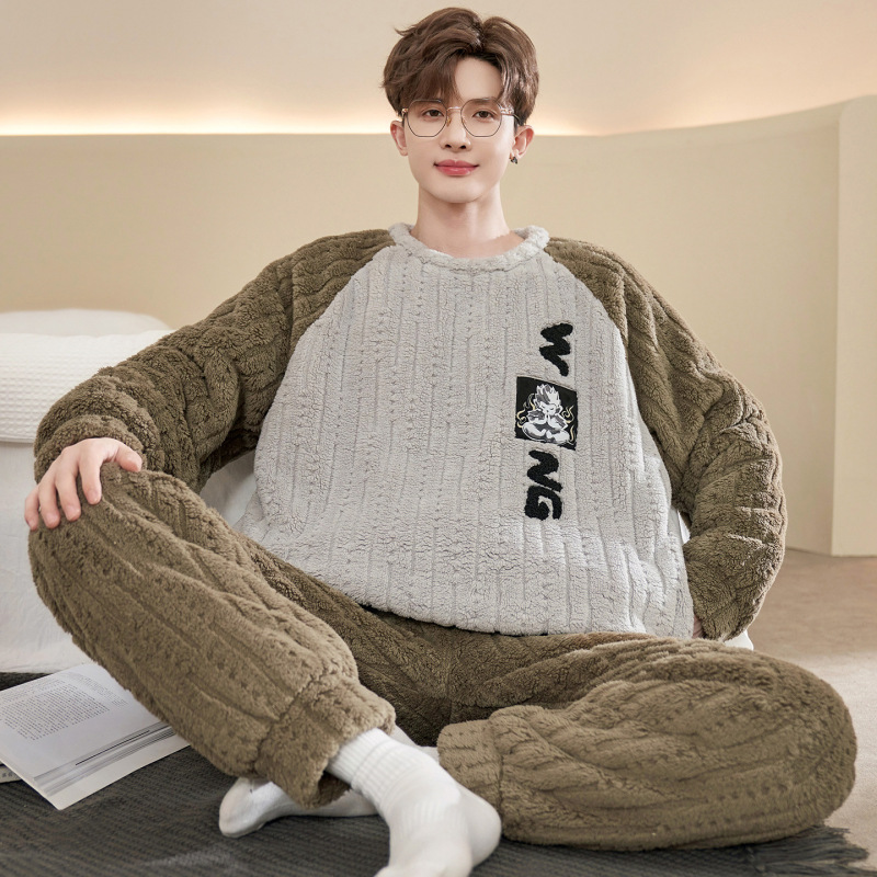 珊瑚绒睡衣男款秋冬季加绒加厚青少年初中学生大码法兰绒保暖套装|undefined