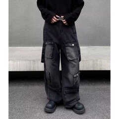 潮流外贸工装牛仔裤男2025新款多口袋设计阔腿宽松水洗做旧工装裤