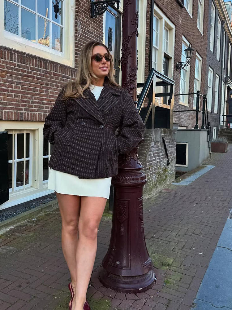 Chaqueta de Traje a Rayas con Cintura Ajustada para Mujer de Poliéster image 6