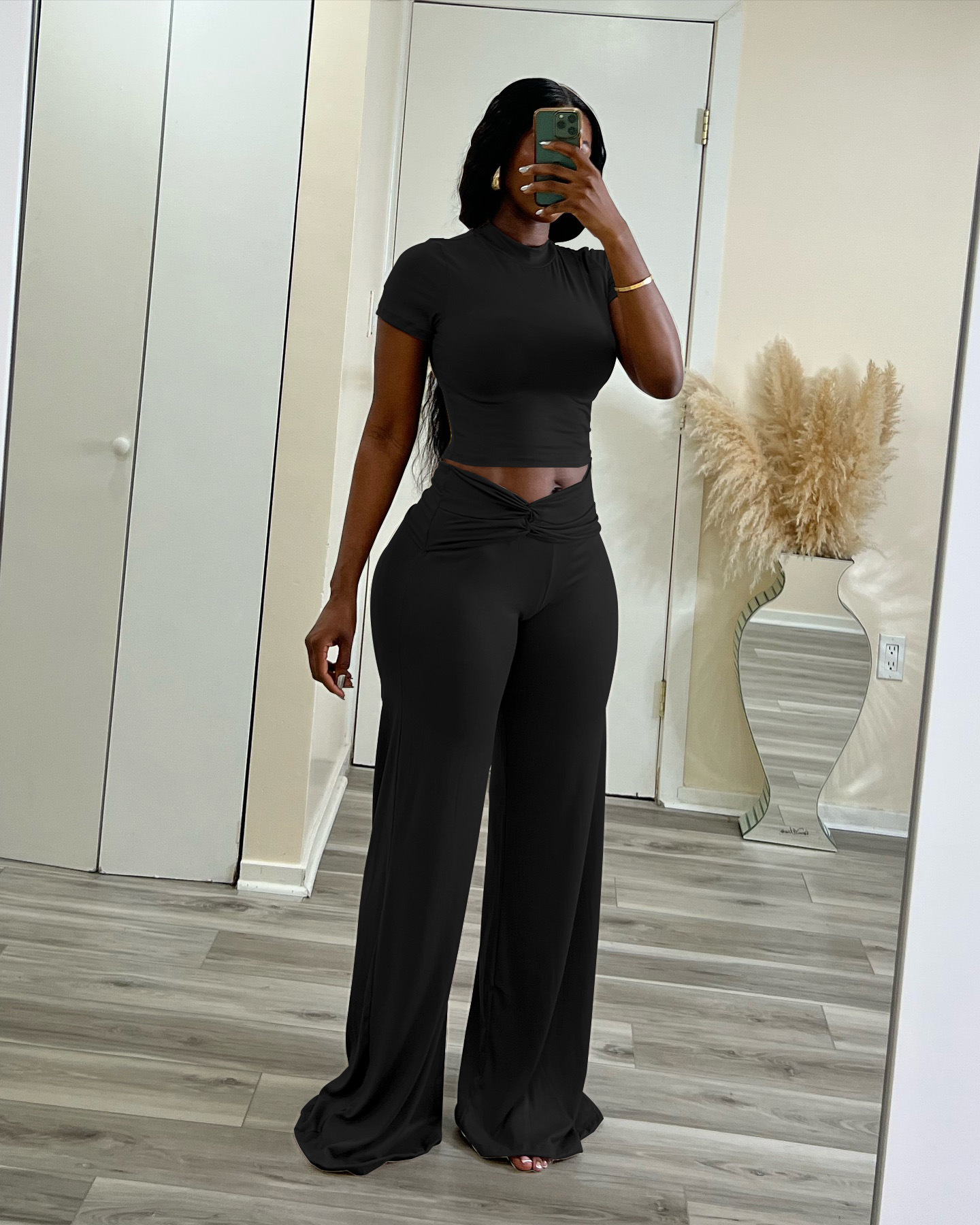 High Elasticity Slimming Wide Leg Pants Set High Waisted Twisted Two Piece Set Solid Color European And American Style Summer Wear For Women D10129_voghion.com