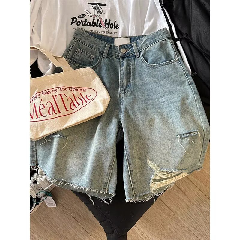 American High Street Style Ripped Denim Shorts for Women, Summer 2026 New Trendy Brand Straight Wide-Leg Knee-Length Shorts American High Street Style Ripped Denim Shorts for Women, Summer 2026 New Trendy Brand Straight Wide-Leg Knee-Length Shorts