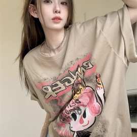 65棉 中长款卡通印花大码短袖T恤女夏季宽松显瘦上衣胖mm2-300斤