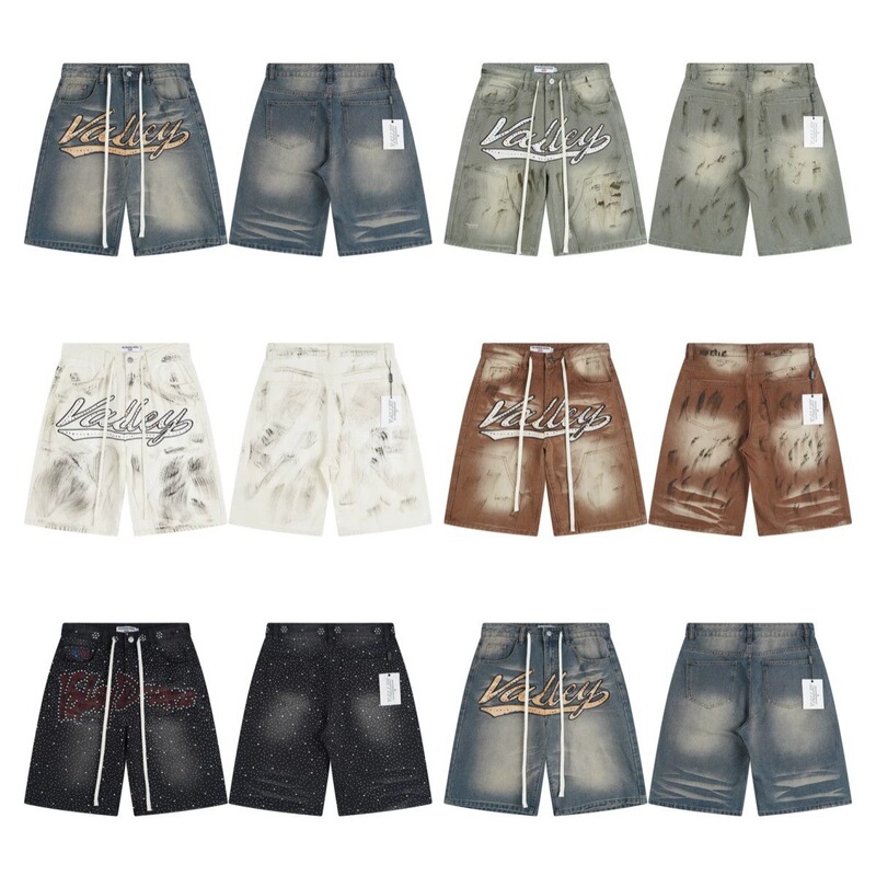 Vale Valley Forever American Fashion High Street Embroidered Rhinestone Letters Washed Distressed Casual Denim Shorts Vale Valley Forever American Fashion High Street Embroidered Rhinestone Letters Washed Distressed Casual Denim Shorts