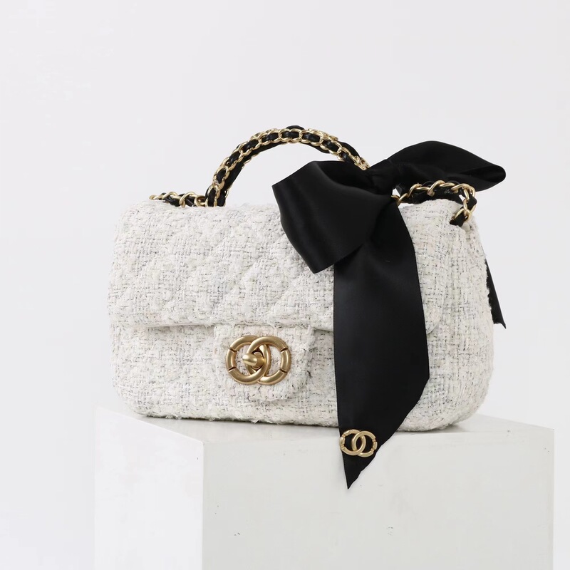 Trendy Simple Tweed Chanel-Style Handbag with Chain, Versatile Bow, 2025 Genuine Leather Women's Bag